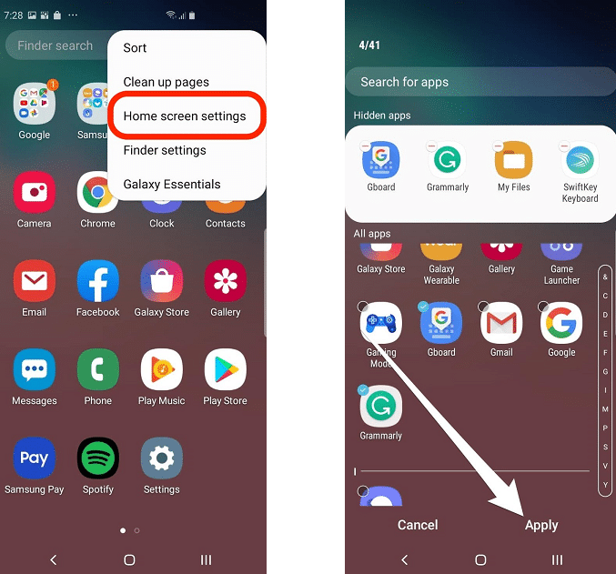 How to hide apps on samsung Galaxy S10